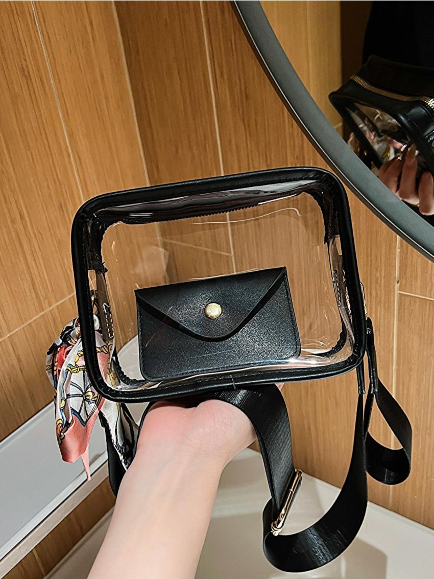 Mini Clear Square Bag With Coin Purse Twilly Scarf Decor Pink