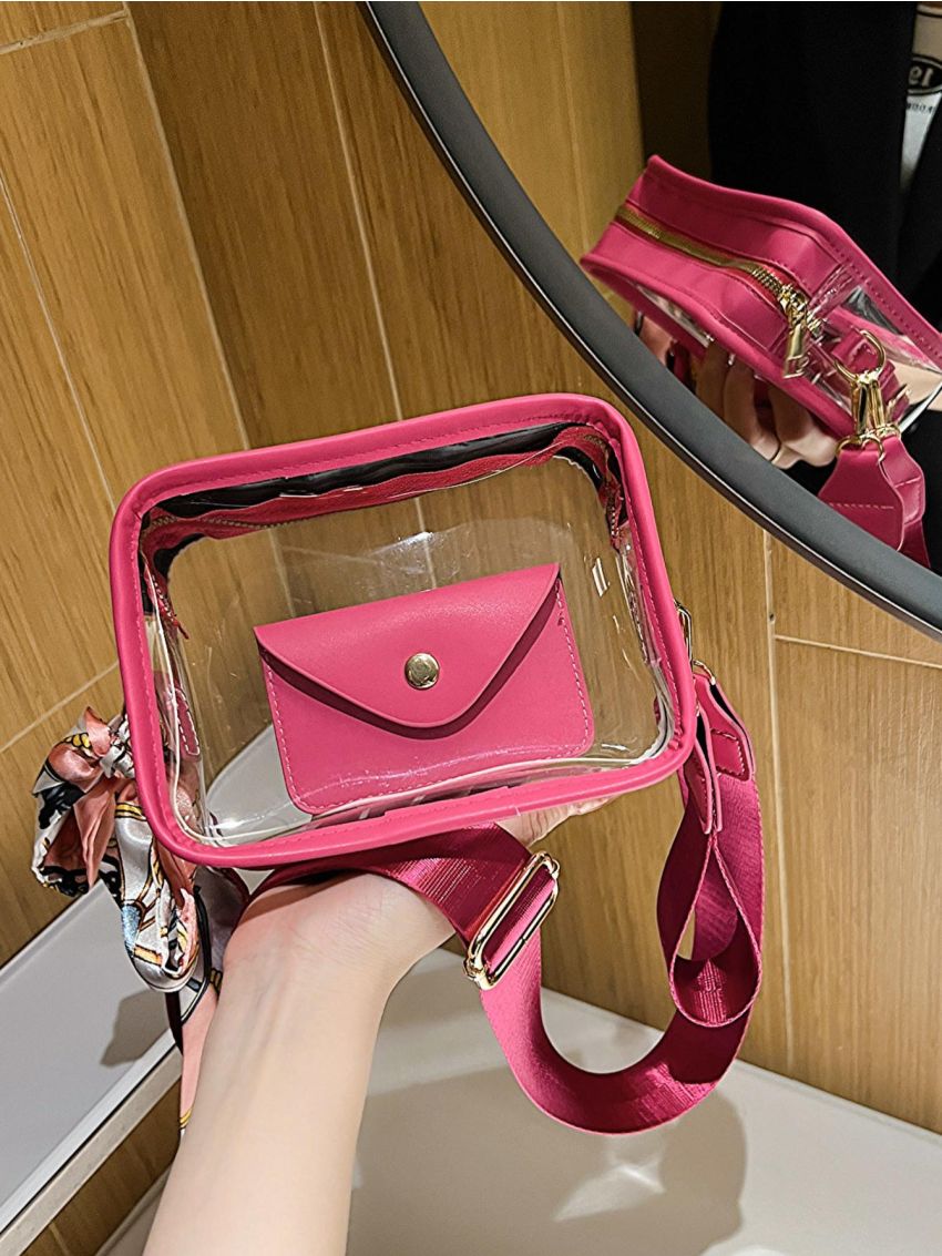 Mini Clear Square Bag With Coin Purse Twilly Scarf Decor Neon Pink