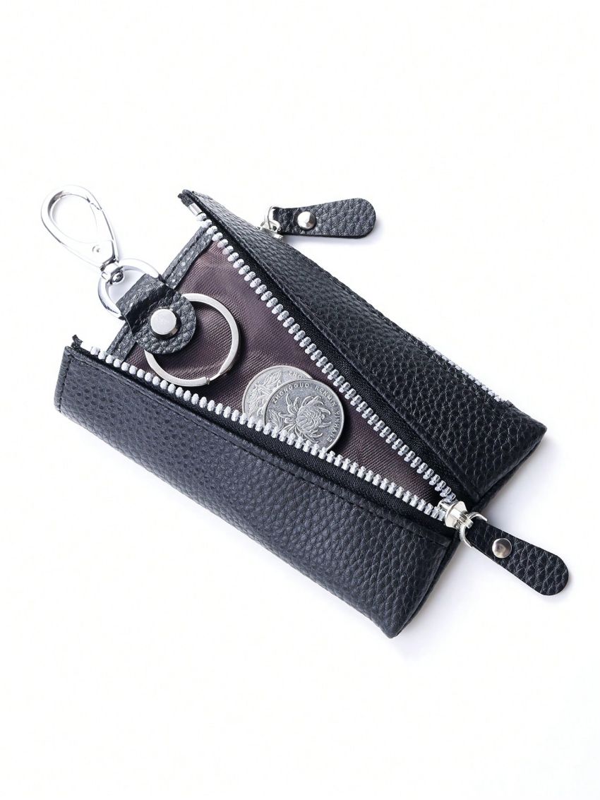 Litchi Embossed Black Key Case With Zipper Car Holder Case