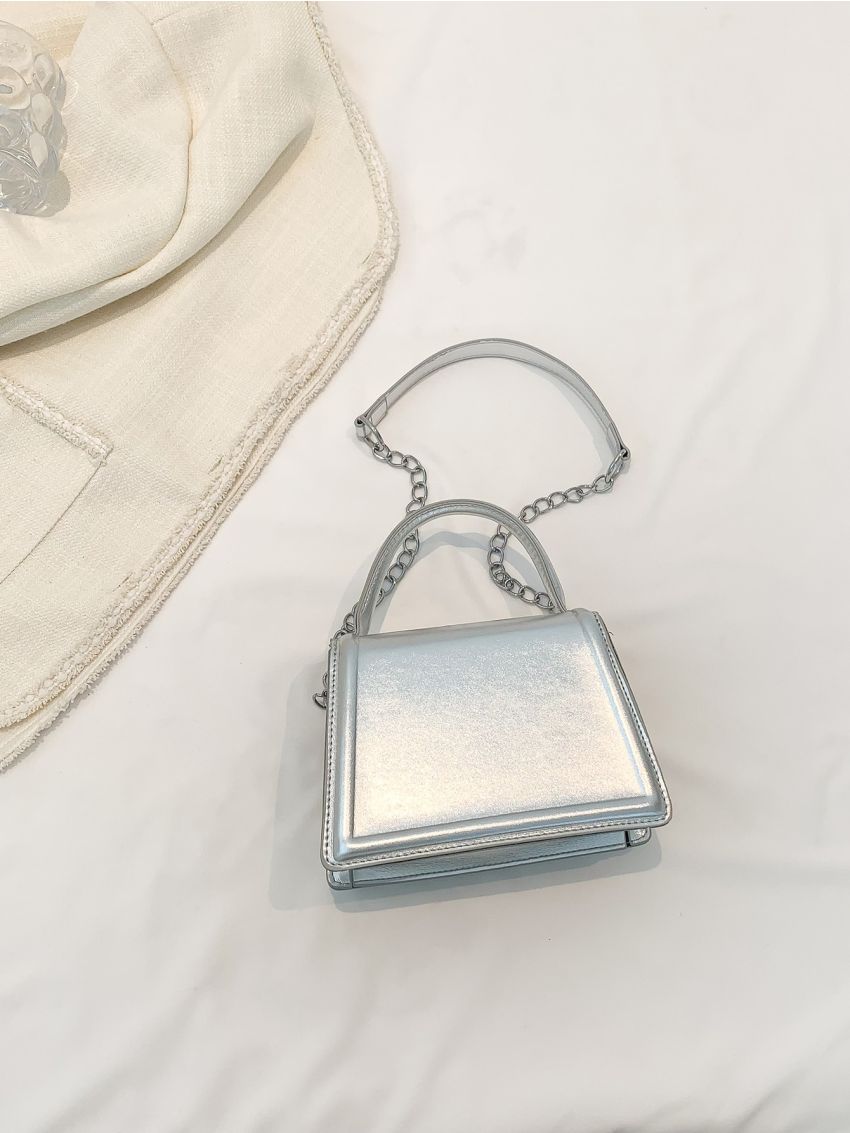 Mini Square Bag Top Handle Flap Chain Metallic PU Funky