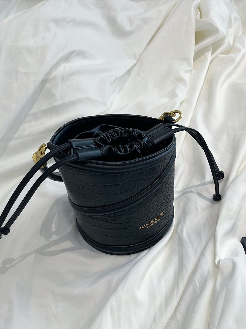 Mini Bucket Bag Crocodile Embossed Drawstring Design