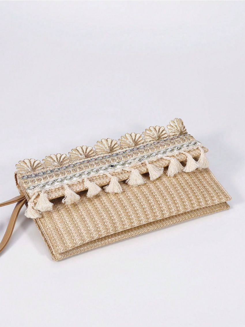 Tassel Decor Straw Bag Medium Vacation