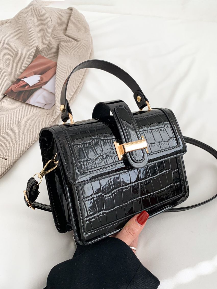 Mini Flap Square Bag Crocodile Embossed Black