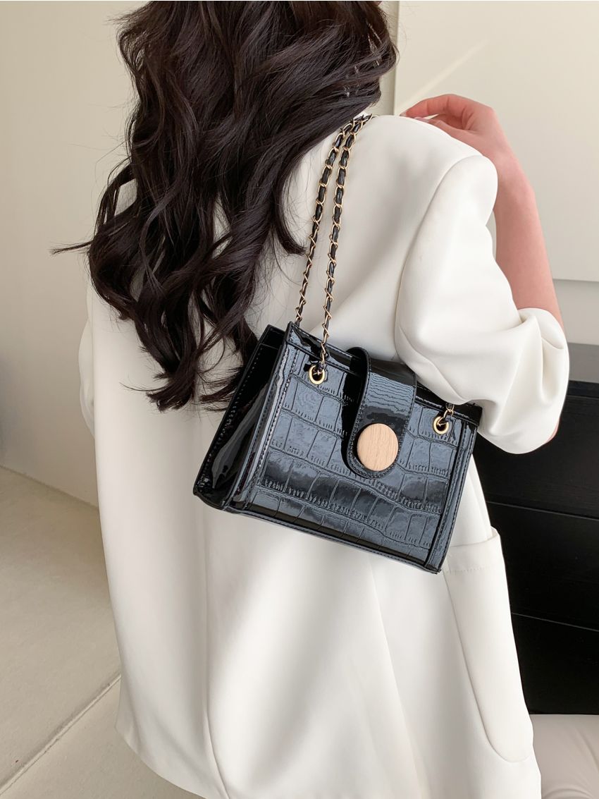 Crocodile Embossed Square Bag Black Chain Strap For Daily