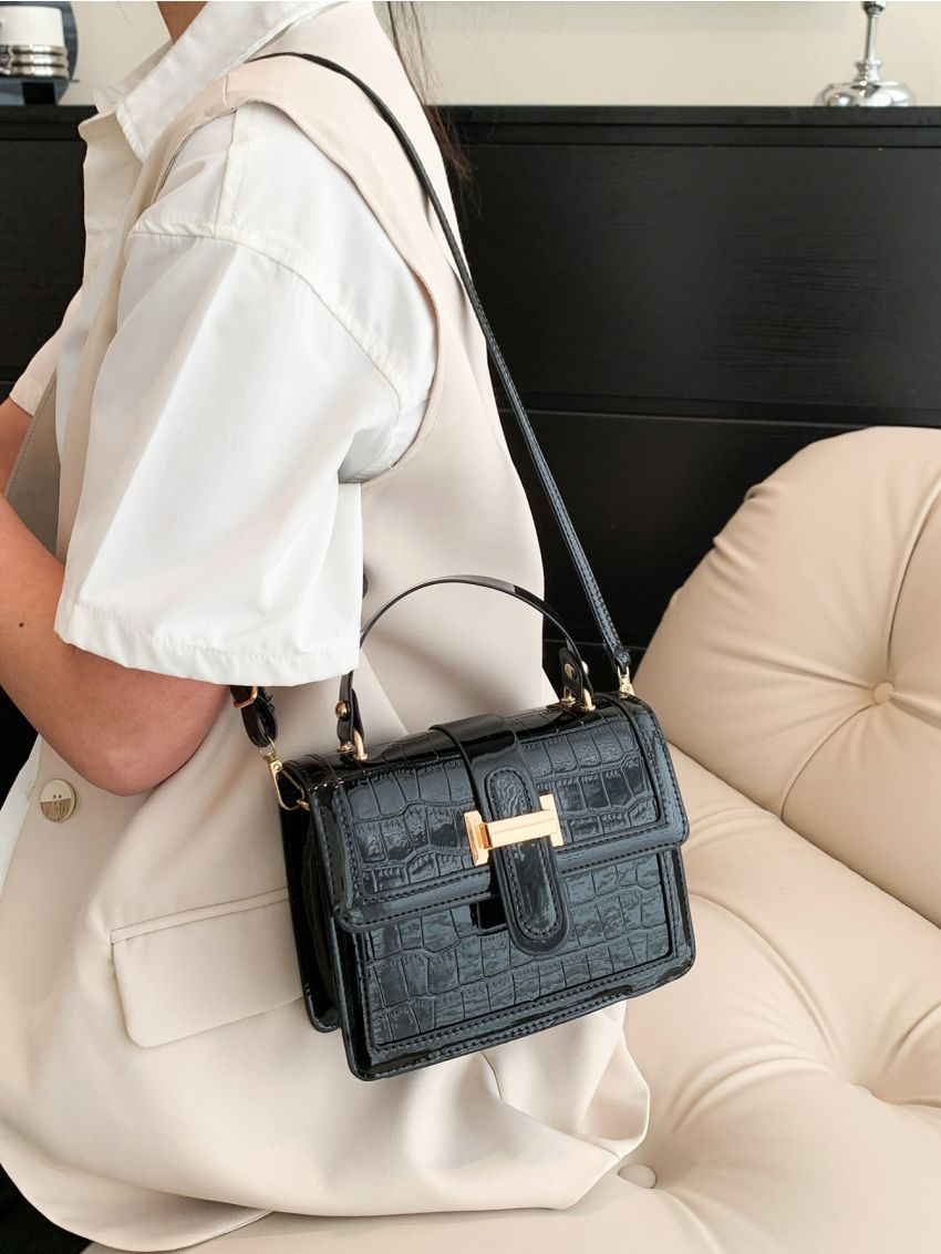 Mini Flap Square Bag Crocodile Embossed Black