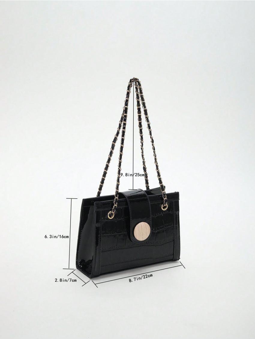 Crocodile Embossed Square Bag Black Chain Strap For Daily