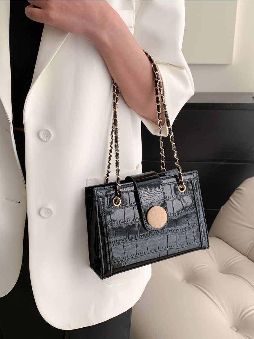Crocodile Embossed Square Bag Small Black