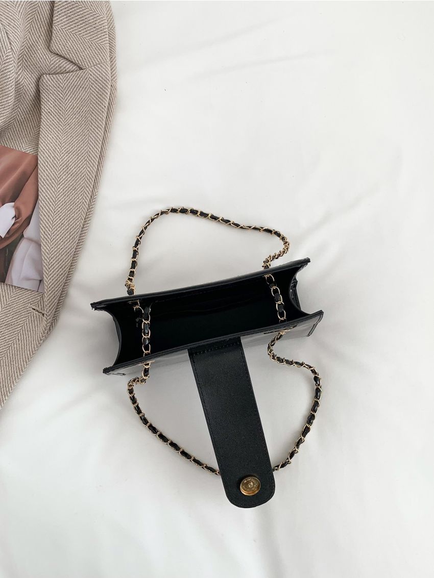 Crocodile Embossed Square Bag Black Chain Strap For Daily