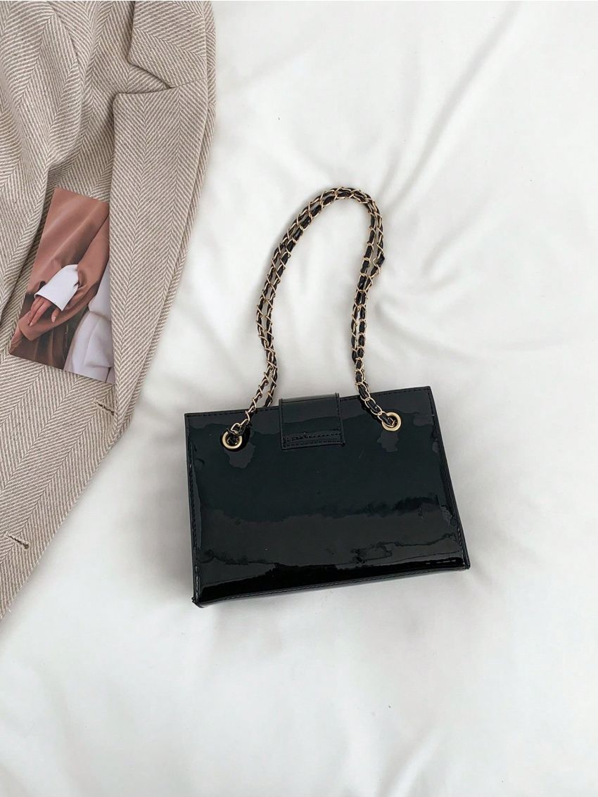 Crocodile Embossed Square Bag Black Chain Strap For Daily