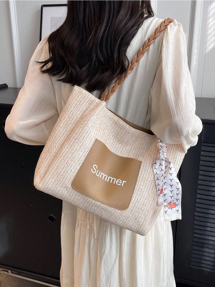 Small Straw Bag Letter Patch & Twilly Scarf Decor