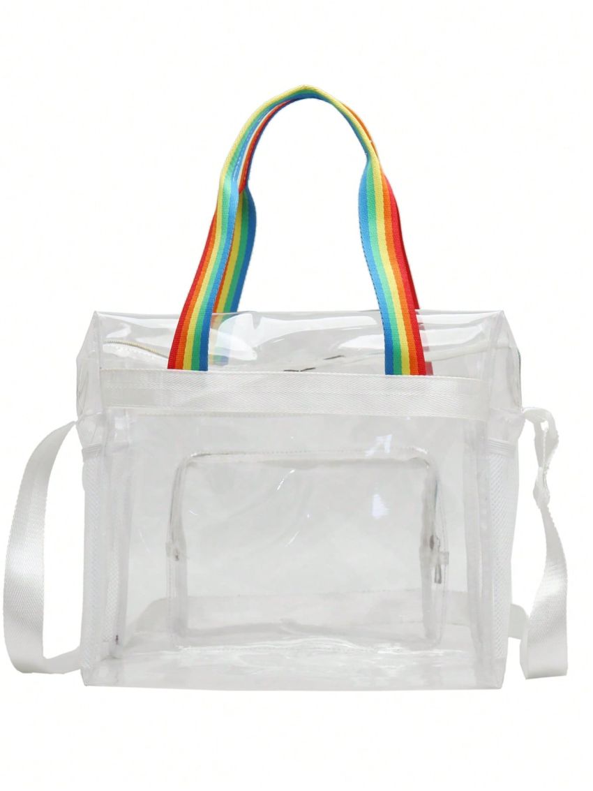 Clear Beach Bag Multi-Pocket Rainbow Striped Handle