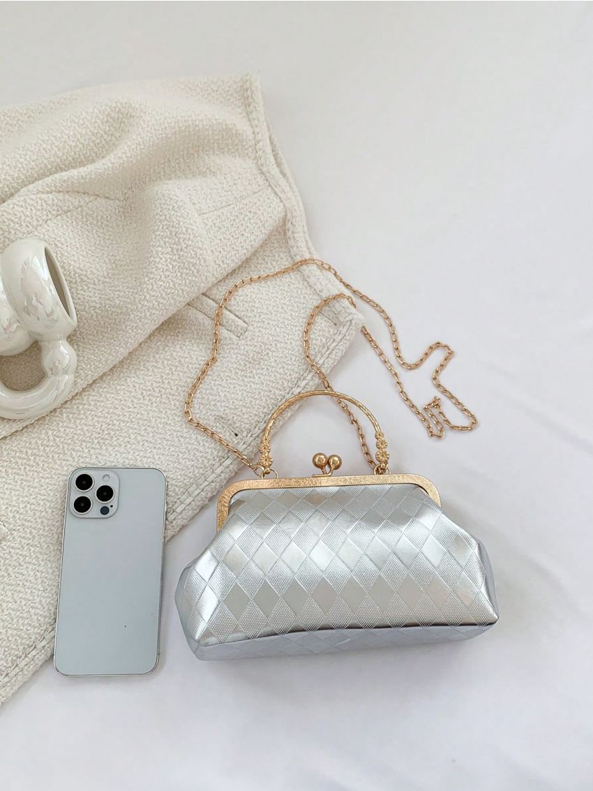 Geometric Embossed Satchel Bag Metallic PU Funky Kiss Lock