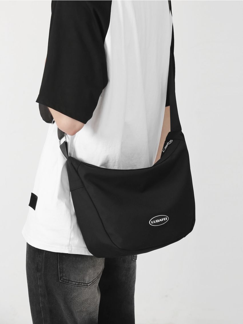 Letter Patch Decor Hobo Bag Medium Nylon