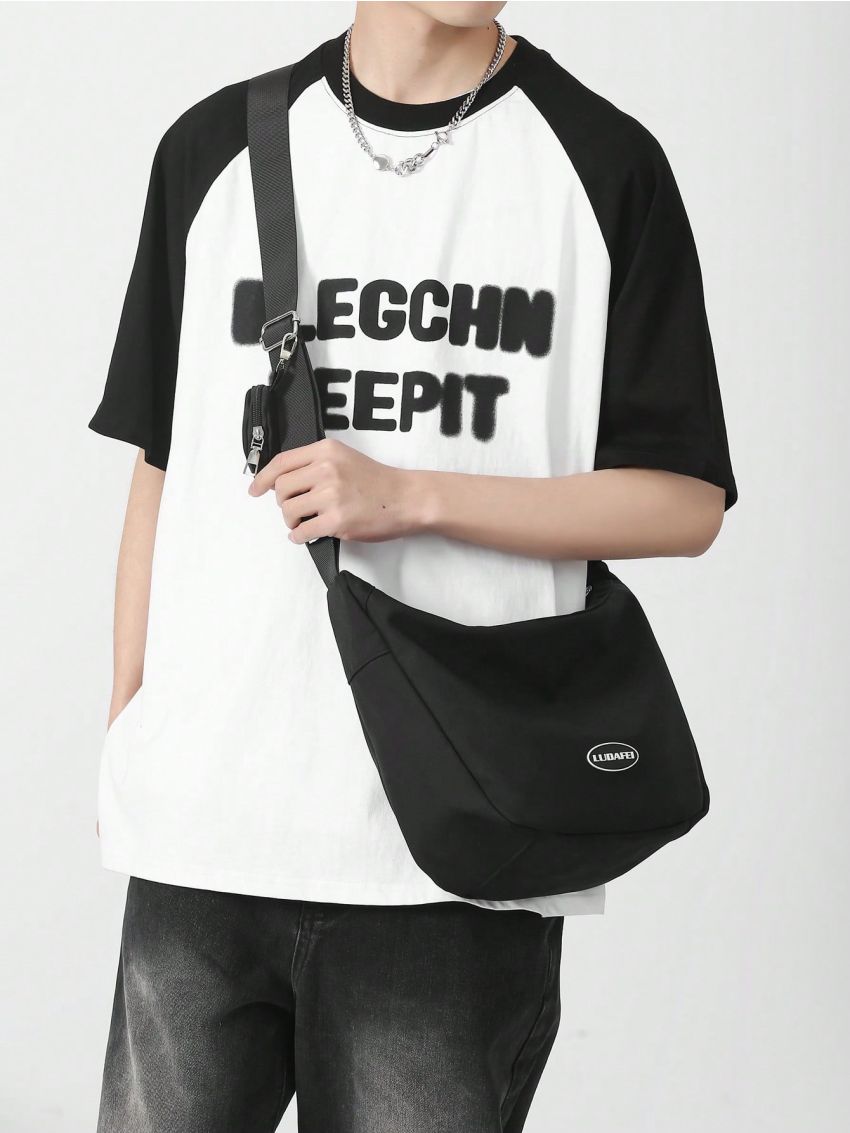 Letter Patch Decor Hobo Bag Medium Nylon