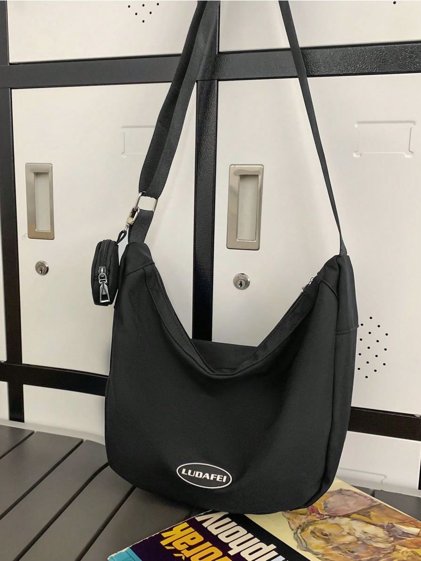 Letter Patch Decor Hobo Bag Medium Nylon