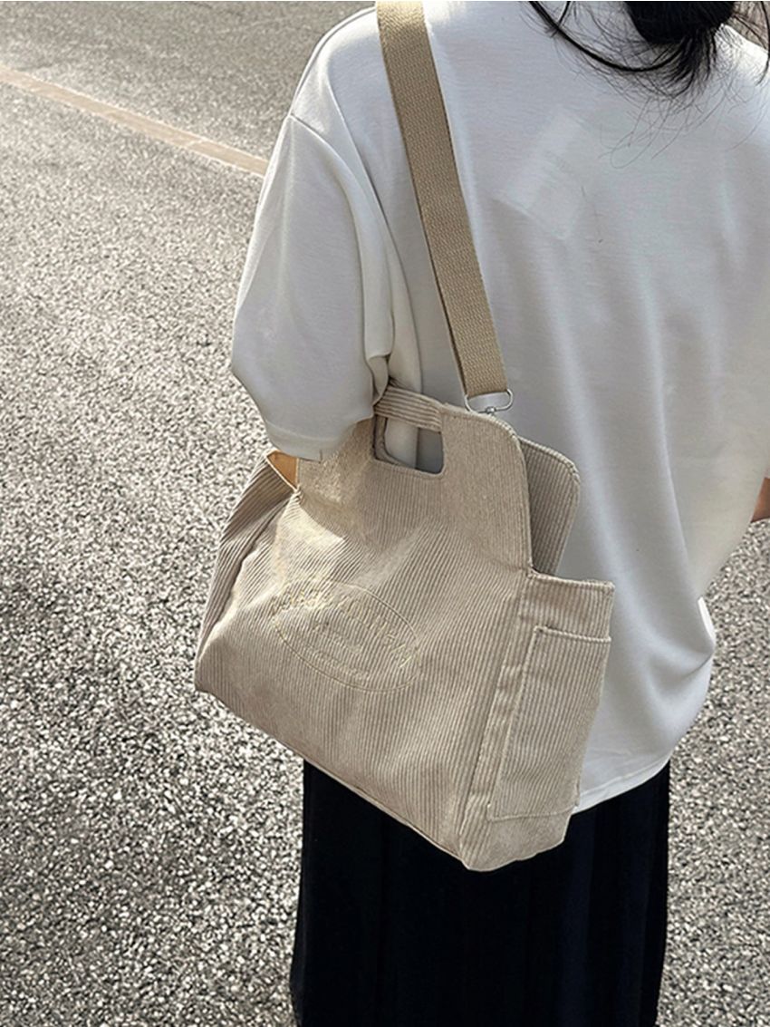 Letter Embroidered Square Bag Oversized Corduroy