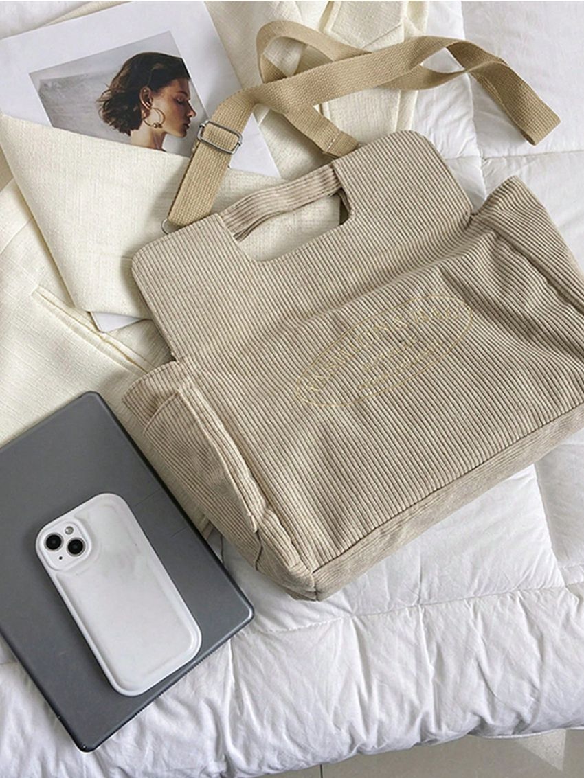 Letter Embroidered Square Bag Oversized Corduroy