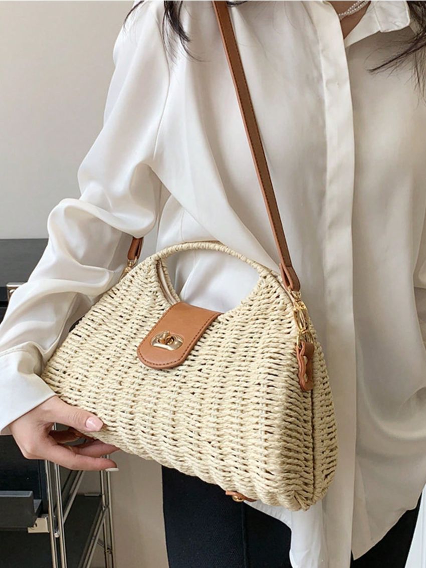 Medium Straw Bag Beige Minimalist Double Handle For Vacation
