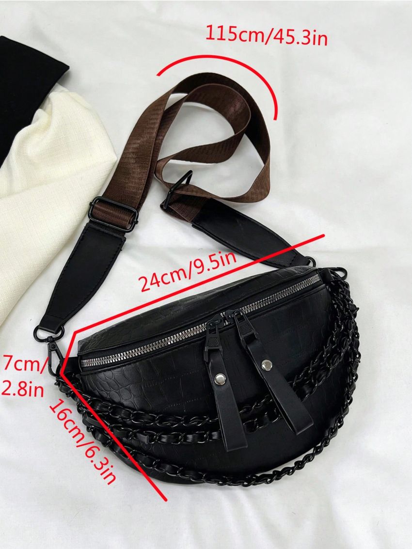 Crocodile Embossed Fanny Pack Chain Decor Adjustable Strap For Daily