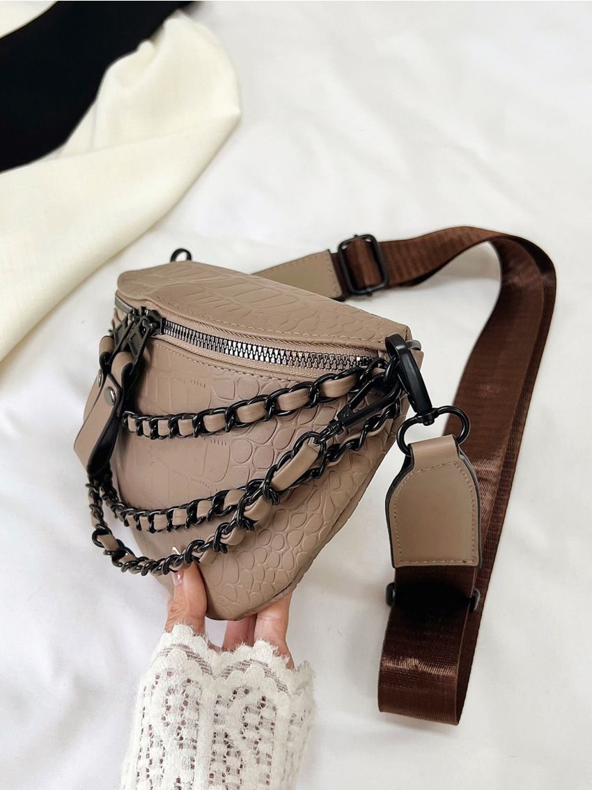 Crocodile Embossed Fanny Pack Chain Decor Adjustable Strap For Daily