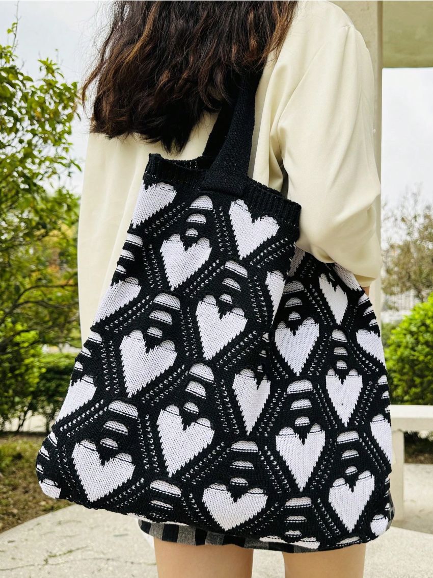 Large Crochet Bag Heart Pattern Double Handle For Vacation