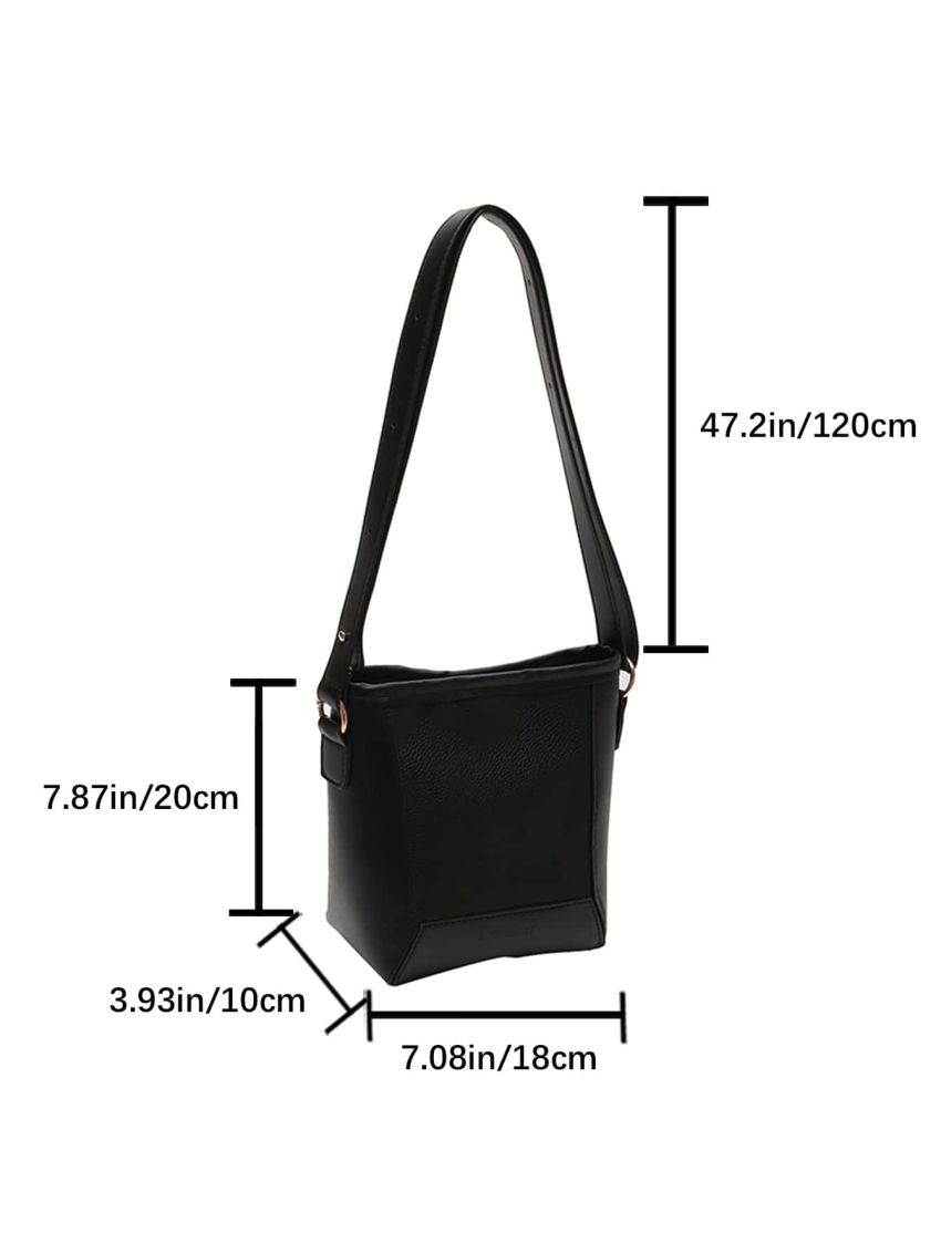 Mini Litchi Embossed Bucket Bag Black Fashionable Adjustable Strap For Work