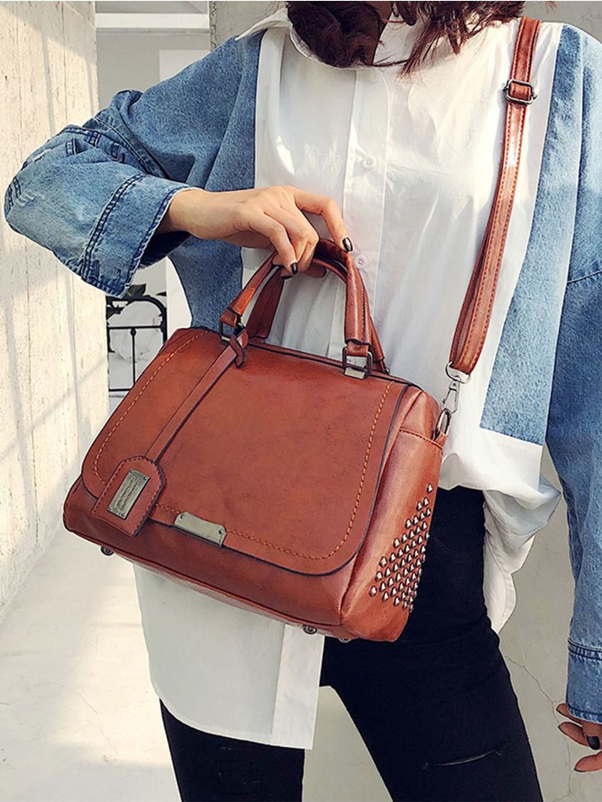 Medium Boston Bag Brown Studded Decor Double Handle For Daily