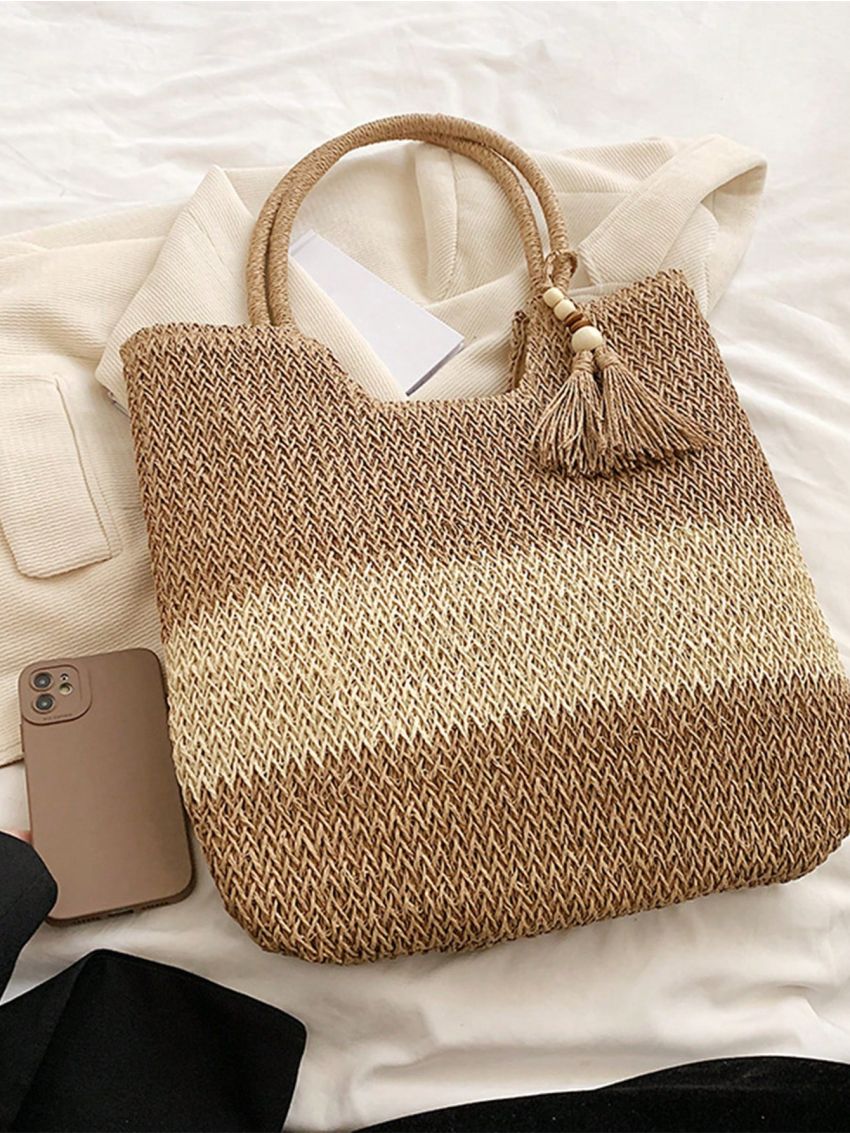 Large Straw Bag Colorblock Tassel Decor Double Handle For Vacation