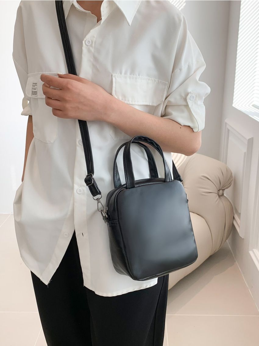 Mini Square Bag Minimalist Black Double Handle PU