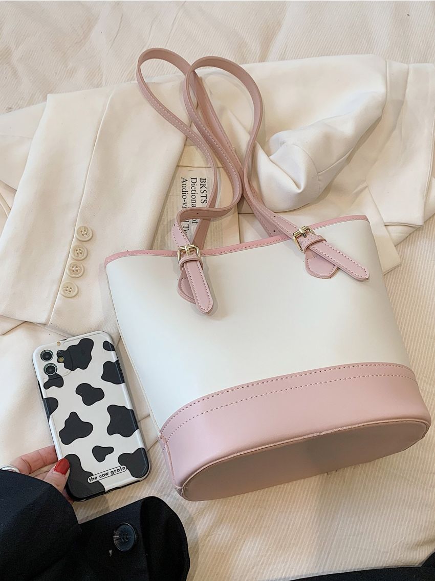 Medium Bucket Bag Colorblock Double Handle With Bag Charm