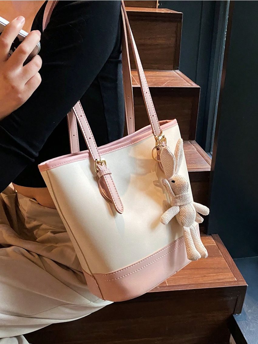 Medium Bucket Bag Colorblock Double Handle With Bag Charm