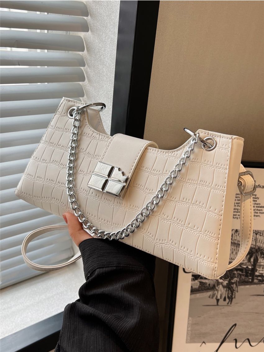 Crocodile Embossed Baguette Bag Chain & Metal Decor For Daily