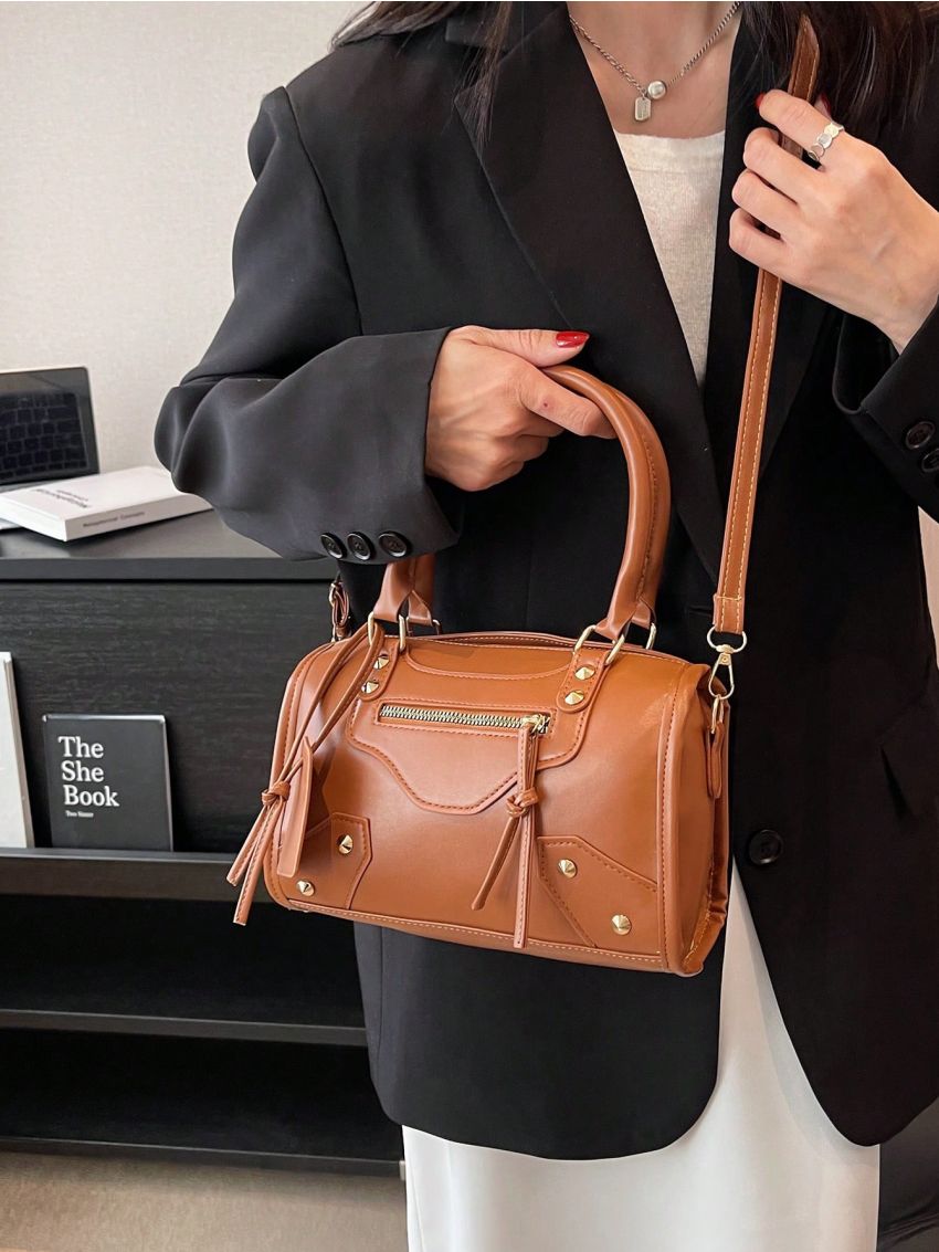 Small Square Bag Studded Decor Double Handle For Daily