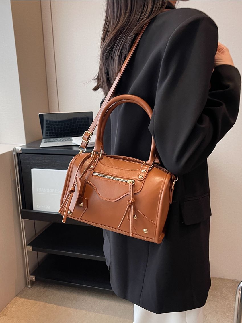 Small Square Bag Studded Decor Double Handle For Daily