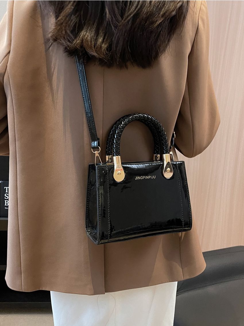 Letter Graphic Square Bag Mini Double Handle Black