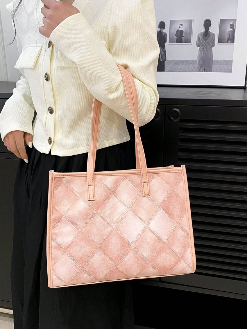 Small Shoulder Tote Bag Plaid Pattern Double Handle For Work