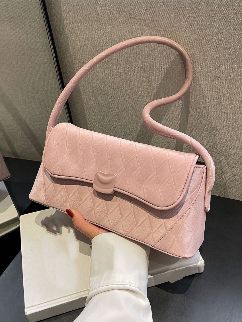 Medium Square Bag Baby Pink Plaid Pattern Flap For Daily