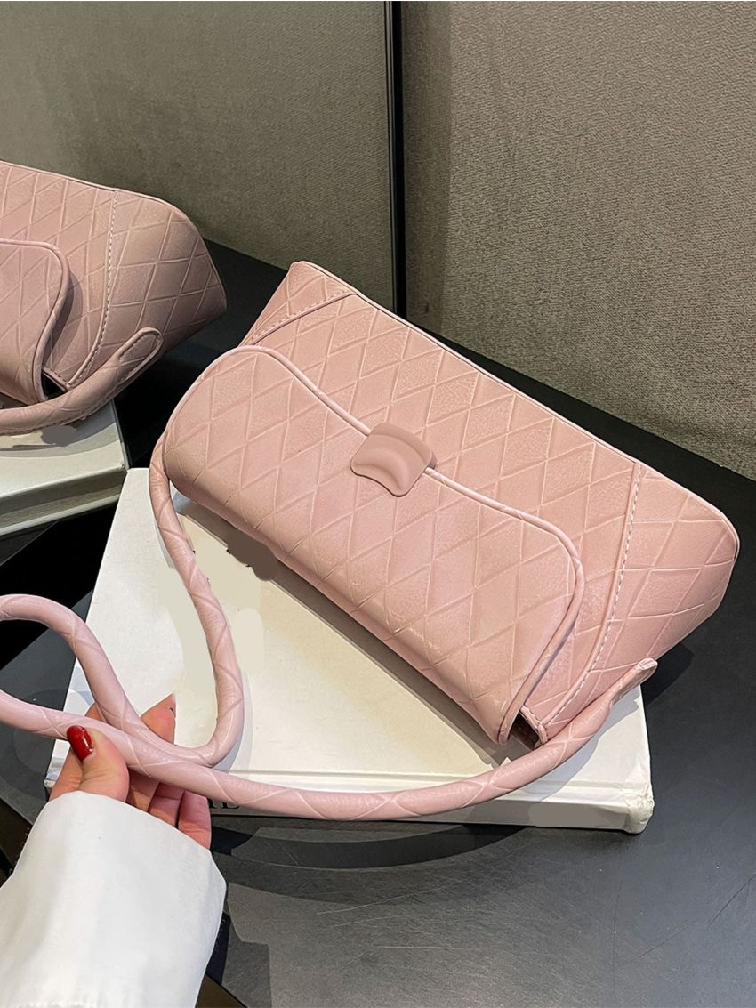 Medium Square Bag Baby Pink Plaid Pattern Flap For Daily