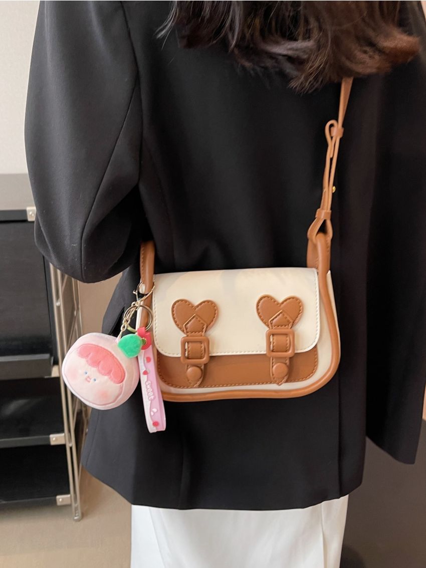 Small Saddle Bag Fashionable Color Block Buckle Decor Flap PU
