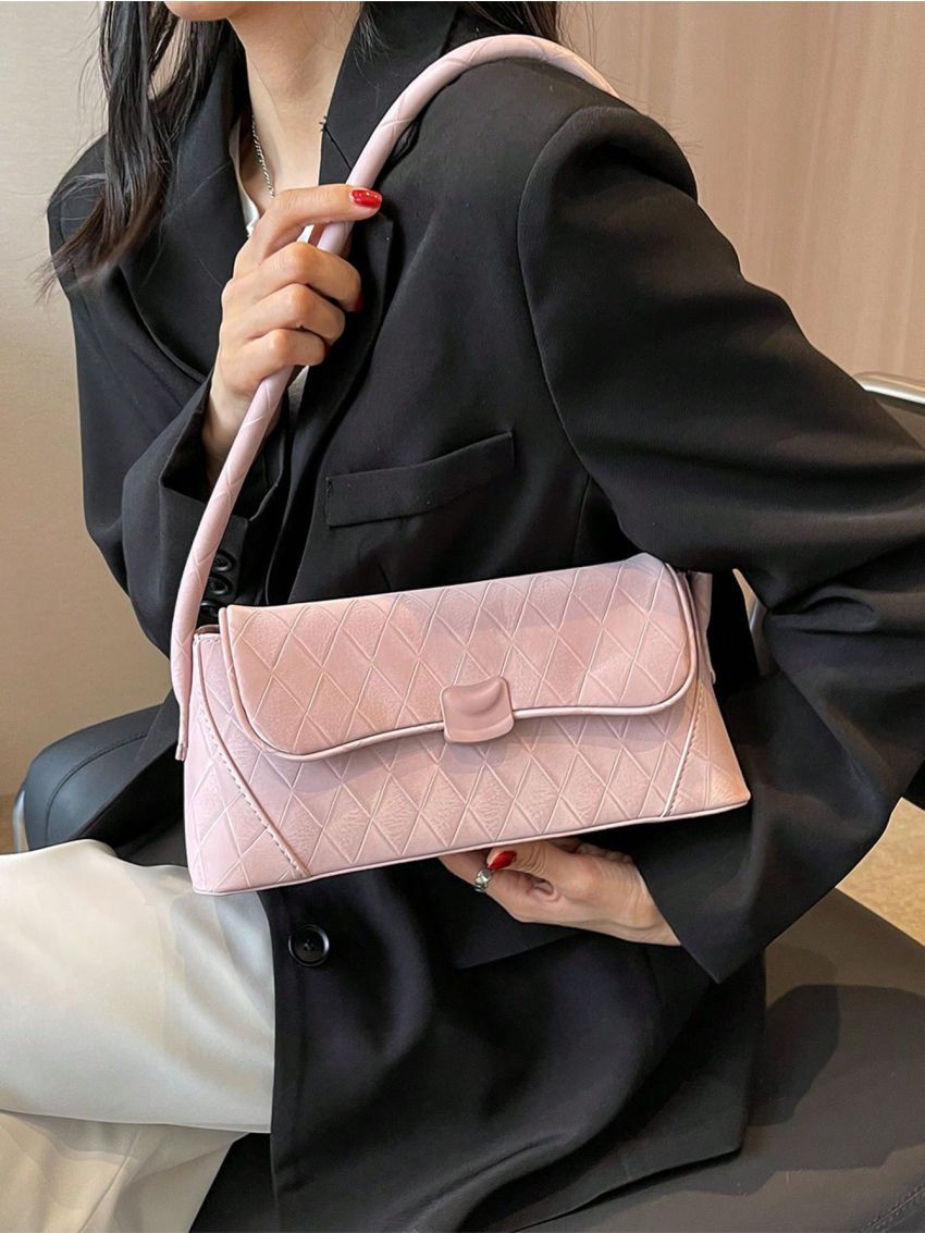 Medium Square Bag Baby Pink Plaid Pattern Flap For Daily