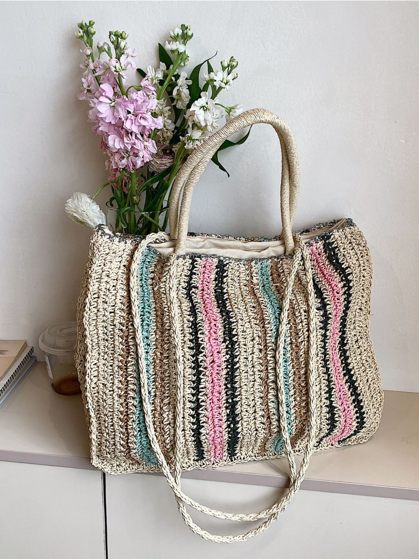 Colorblock Straw Bag Large Capacity Double Handle For Vacation