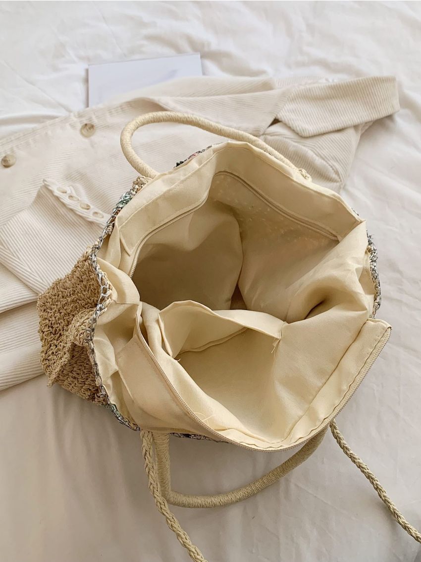 Colorblock Straw Bag Large Capacity Double Handle For Vacation