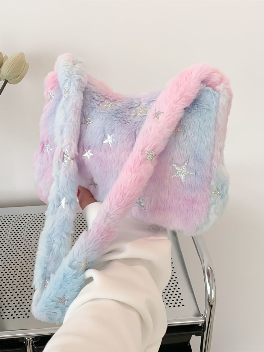 Tie Dye Hobo Bag Star Decor Fluffy