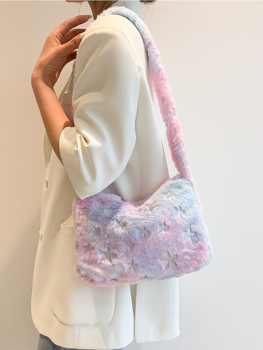 Tie Dye Hobo Bag Star Decor Fluffy