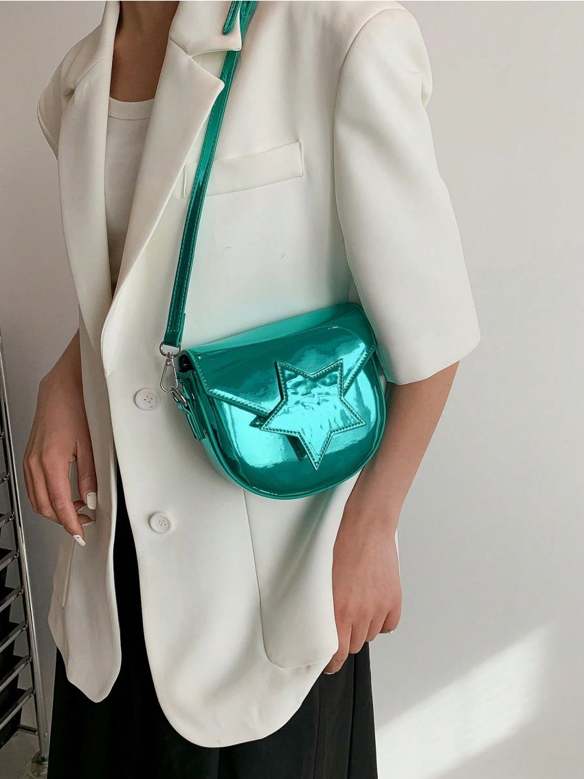Mini Saddle Bag Flap Star Patch Decor Metallic PU Funky