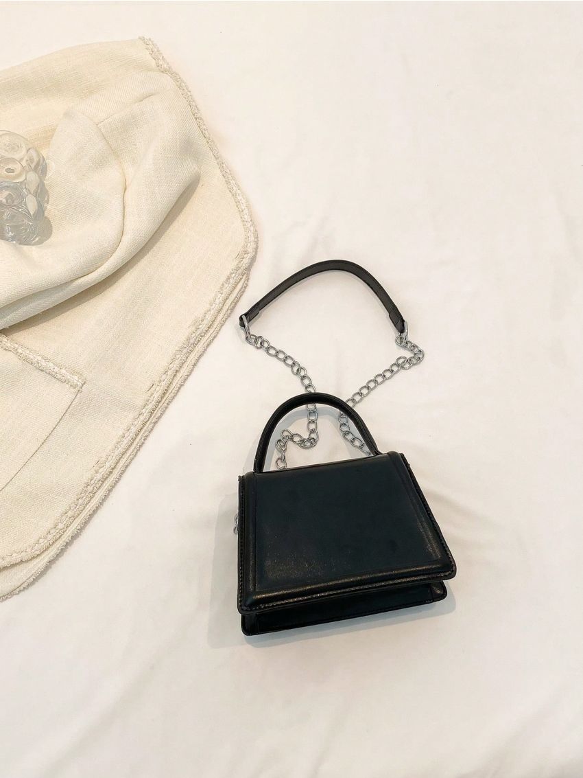 Mini Square Bag Top Handle Flap Chain Black PU