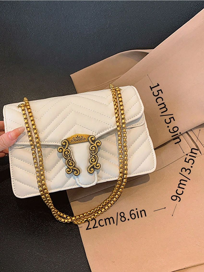 Small Square Bag Fashionable Metal Decor Chevron Quilted Flap Chain PU