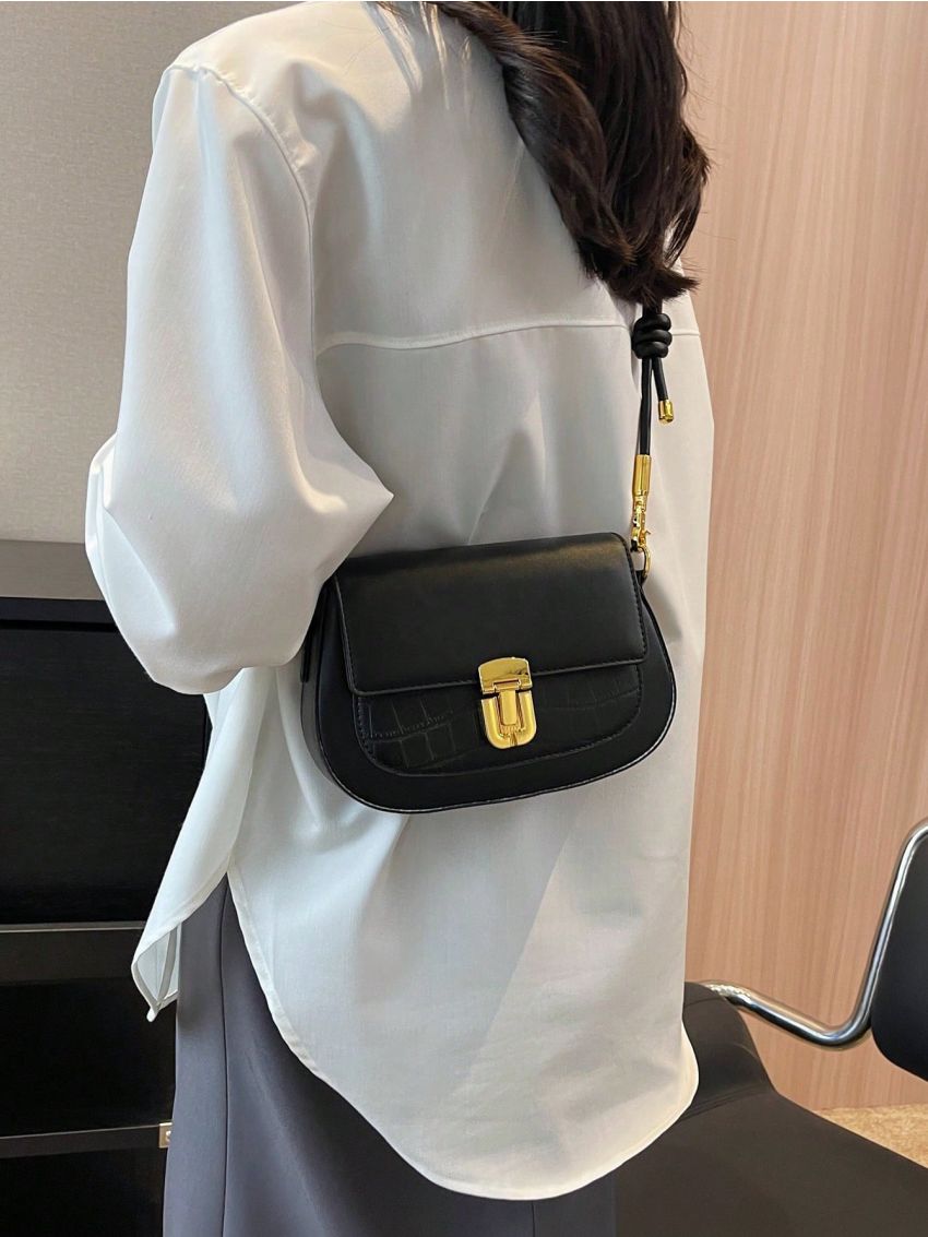 Small Saddle Bag Fashionable Crocodile Embossed Metal Lock Flap PU