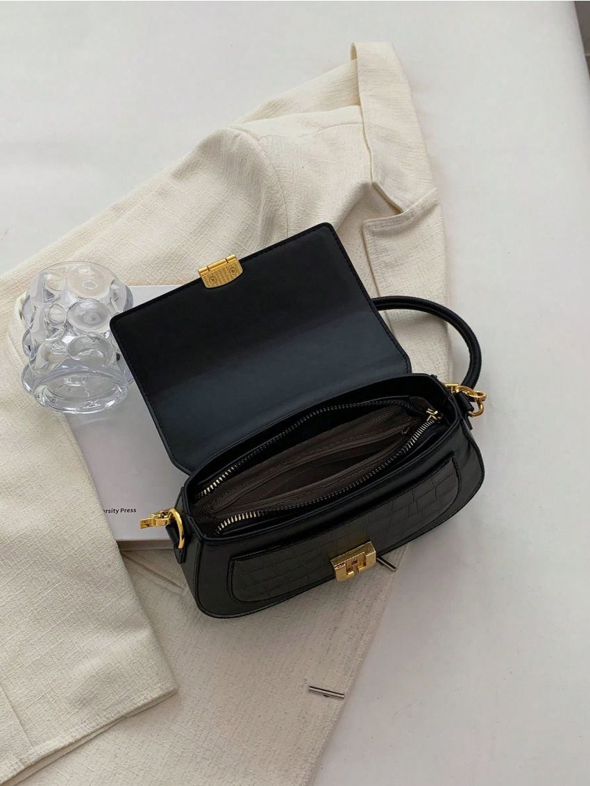 Small Saddle Bag Fashionable Crocodile Embossed Metal Lock Flap PU