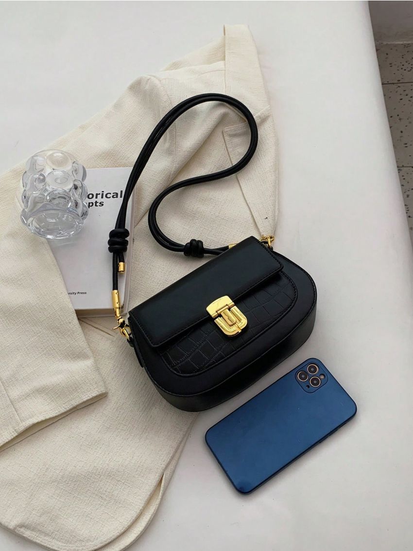 Small Saddle Bag Fashionable Crocodile Embossed Metal Lock Flap PU